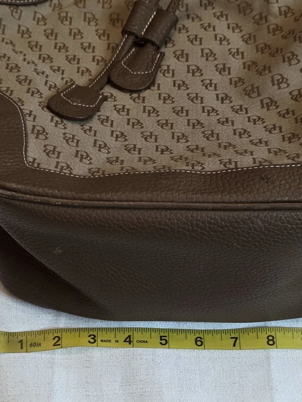Vintage Dooney & Bourke Signature Monogram Drawstring Bucket Bag Brown Hobo